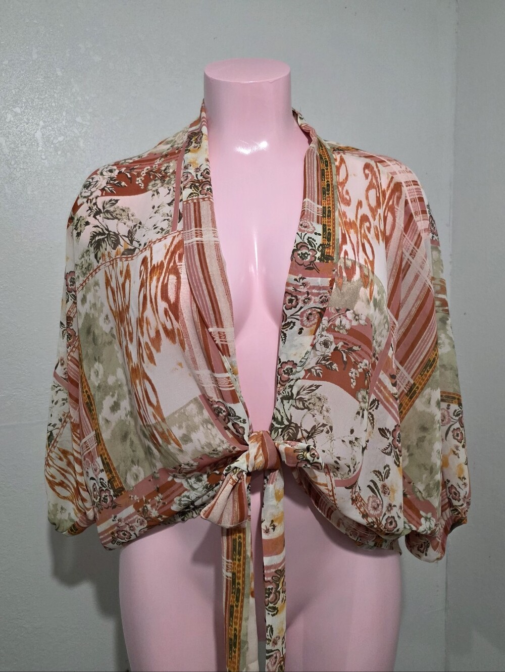 Versona Boho Mixed Print Tie-Front Kimono Top Balloon Sleeve Floral Patchwork L